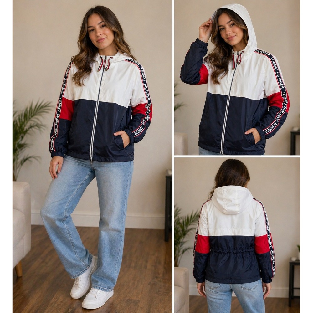 Tommy Hilfiger Womens Hooded Windbreaker Jacket Colorblock Navy White S Gorpcore